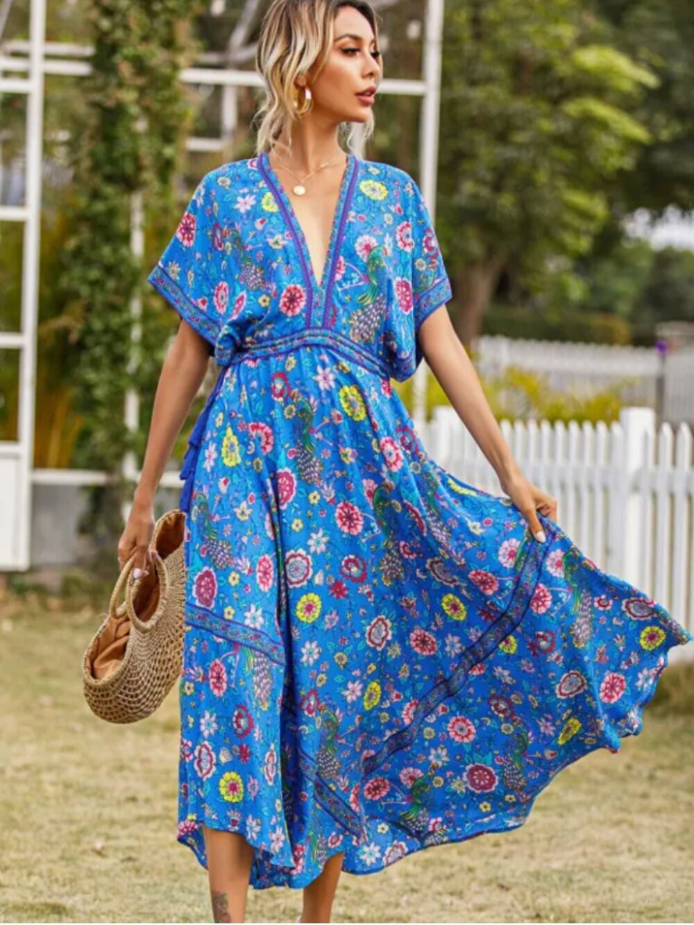 R. Vivimos Floral Midi Dress Size Small Boho Breezy Peasant Seaside Euro Summer